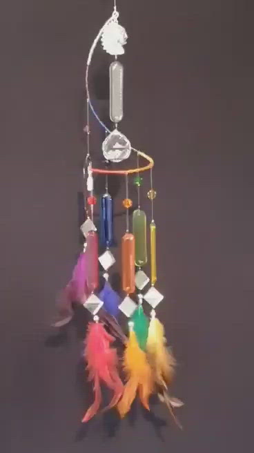 American Indian theme, Rainbow / chakra colour suncatcher with feathers