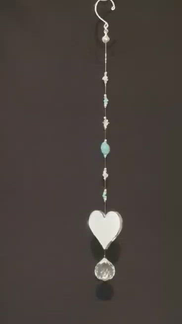 Heart Mirror with Semi-precious Turquoise and Clear Quartz crystals single drop suncatcher