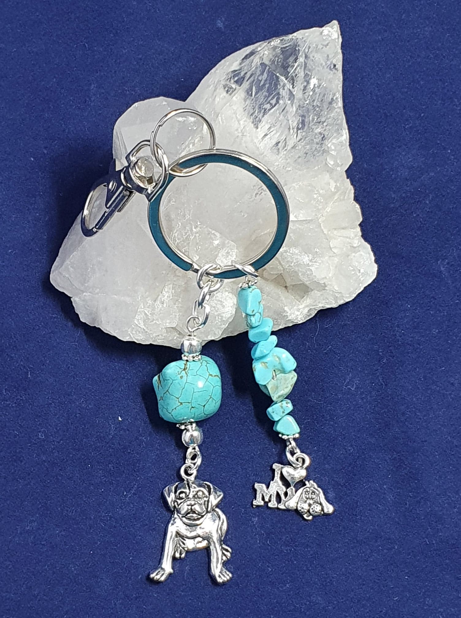"I love my dog" theme Key Ring or Bag charm with . Turquoise crystal.