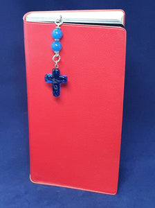 BOOKMARK, blue glass cross.  Handcrafted unique novelty gift
