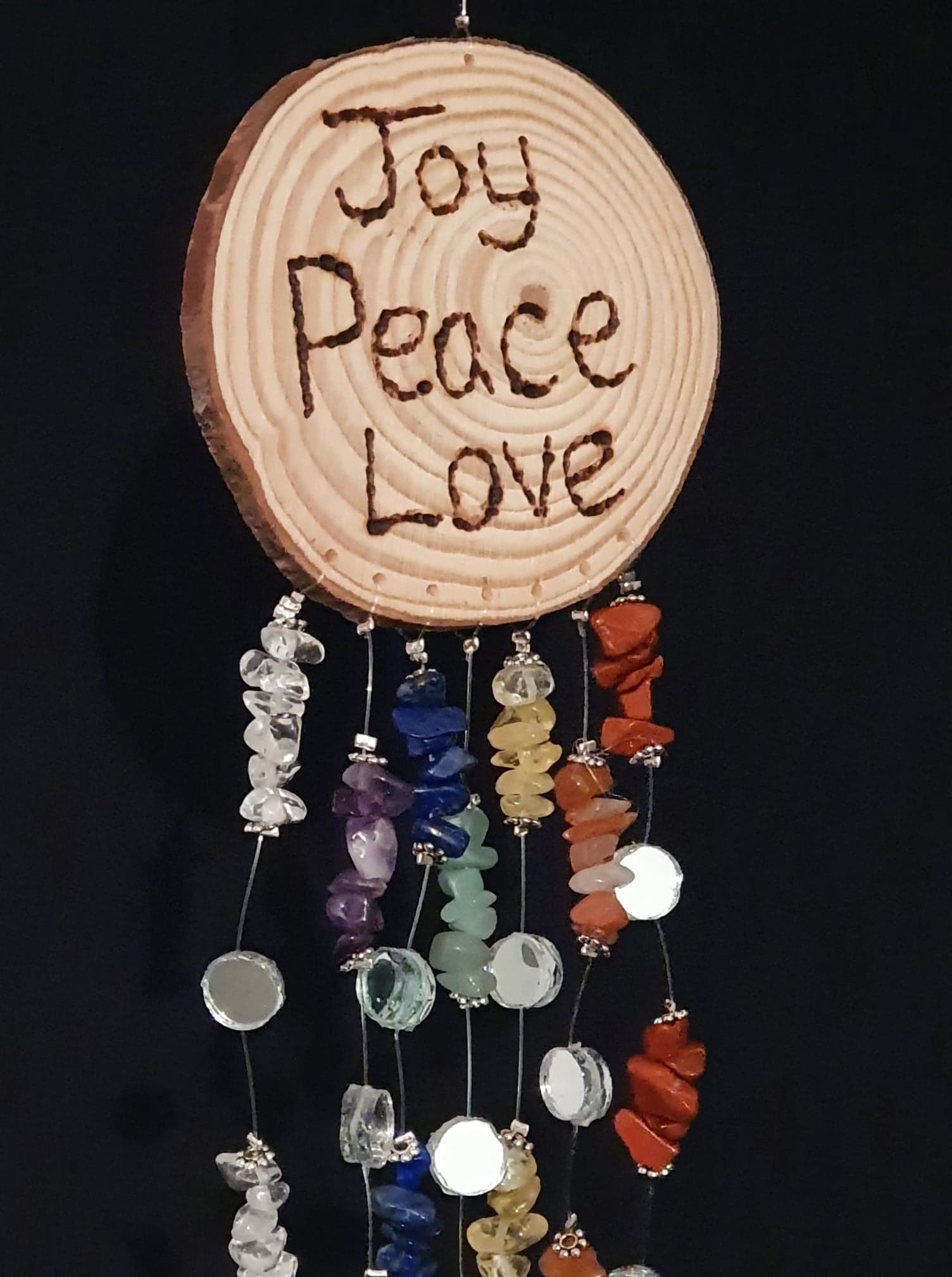 'Rustic Charm' 'JOY PEACE LOVE' chakra crystals decorative hanger