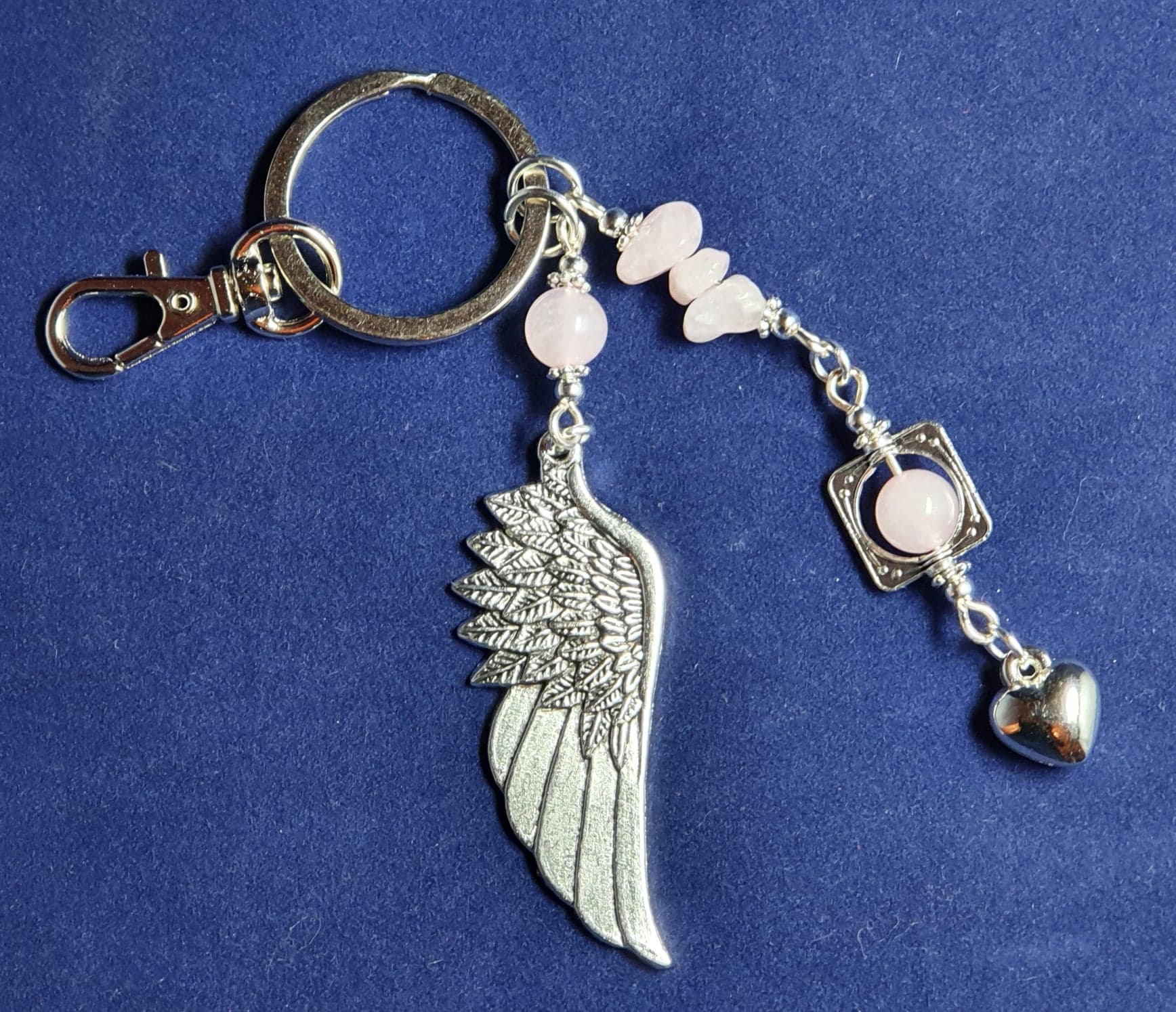 Large Angel Wing Key ring or bag charm. Rose Quartz
