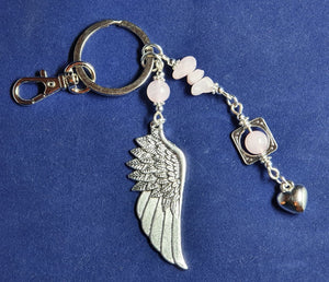 Large Angel Wing Key ring or bag charm. Rose Quartz