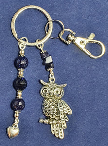 Owl theme Key ring or bag charm. Blue Goldstone