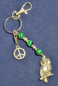 Owl key ring. Green Malachite crystal. Peace symbol.