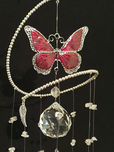 Large red enamel butterfly with Clear Quartz Crystals & red glass