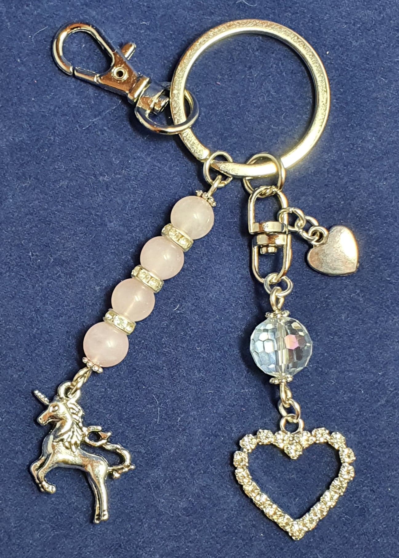 Unicorn theme key ring / bag charm. Rose Quartz with diamante heart