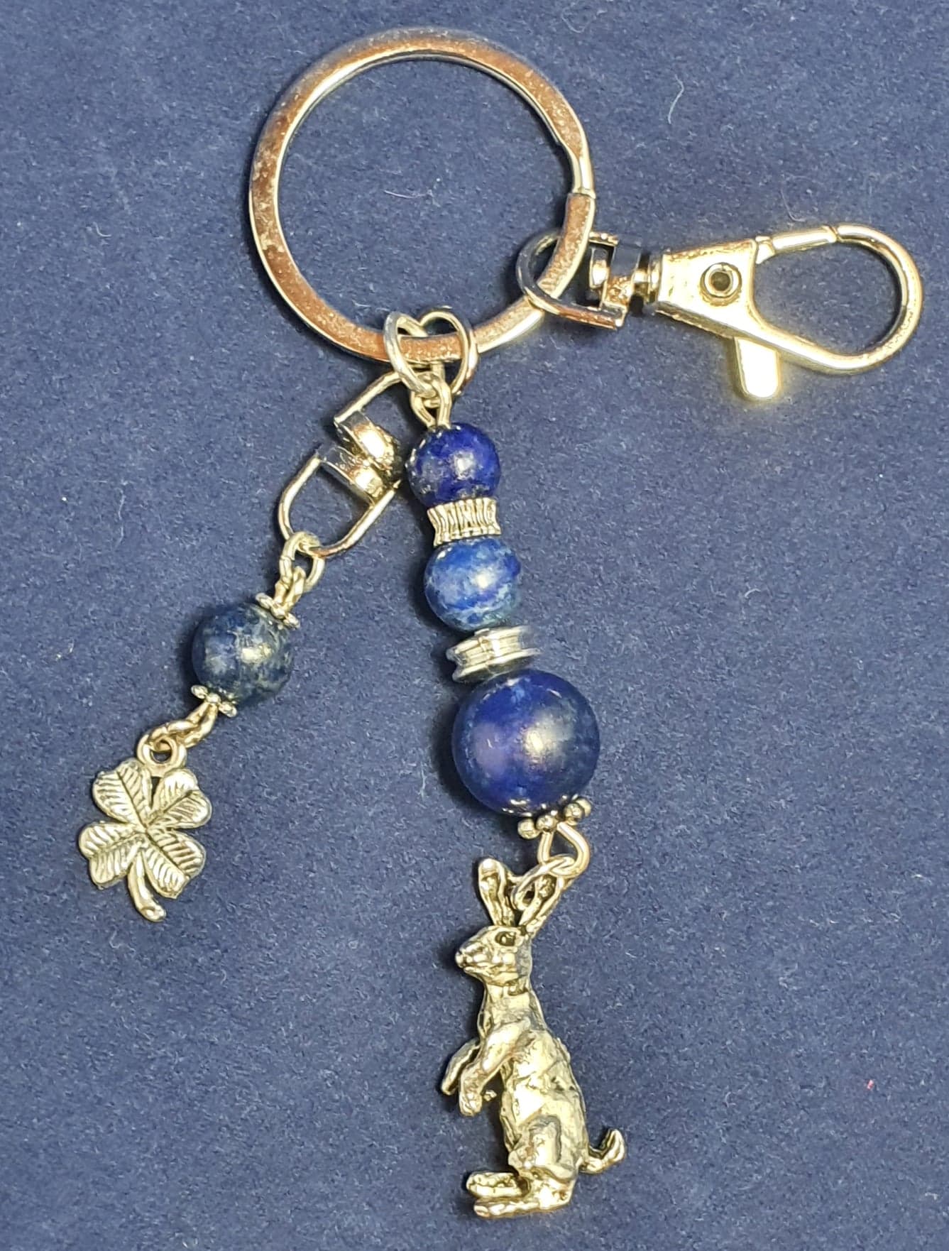 Hare theme Key ring / Bag charm Lapis Lazuli.  Four leaf clover.