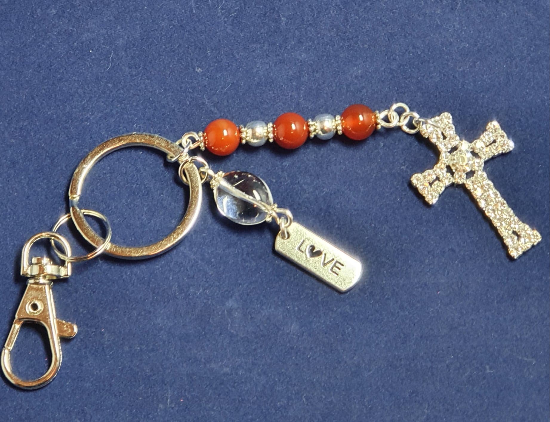 Rhinestone Cross, Carnelian and Clear Quartz with  "LOVE" charm Keyring / Bag charm