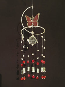 Large red enamel butterfly with Clear Quartz Crystals & red glass