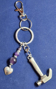 Novelty Hammer tool keyring Amethyst with a heart charm