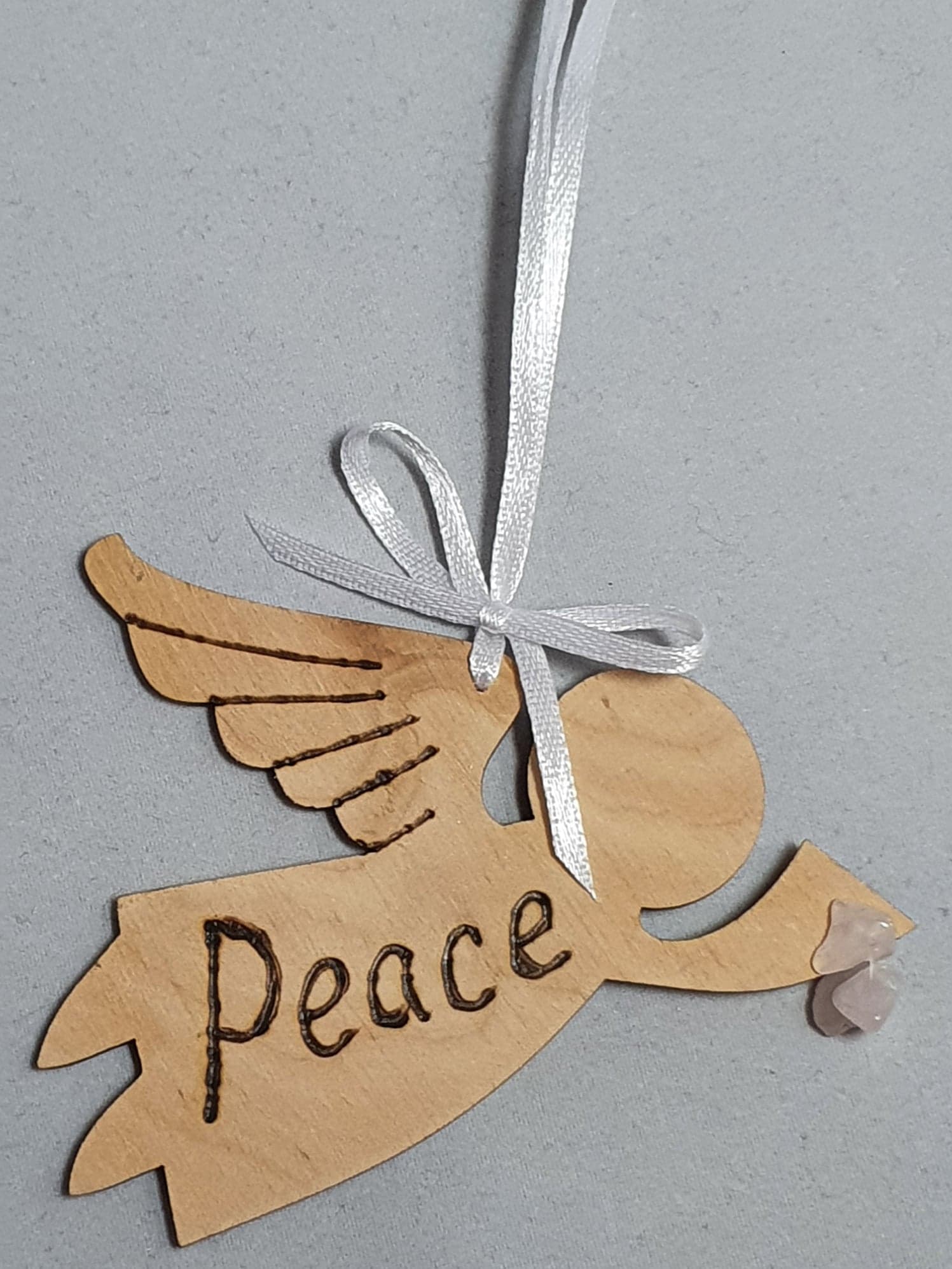 Rustic Charm Flying Angel with word "Peace" Rose Quartz