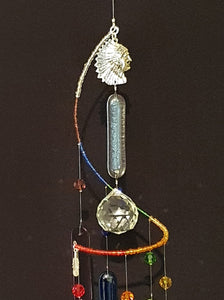 American Indian theme, Rainbow / chakra colour suncatcher with feathers