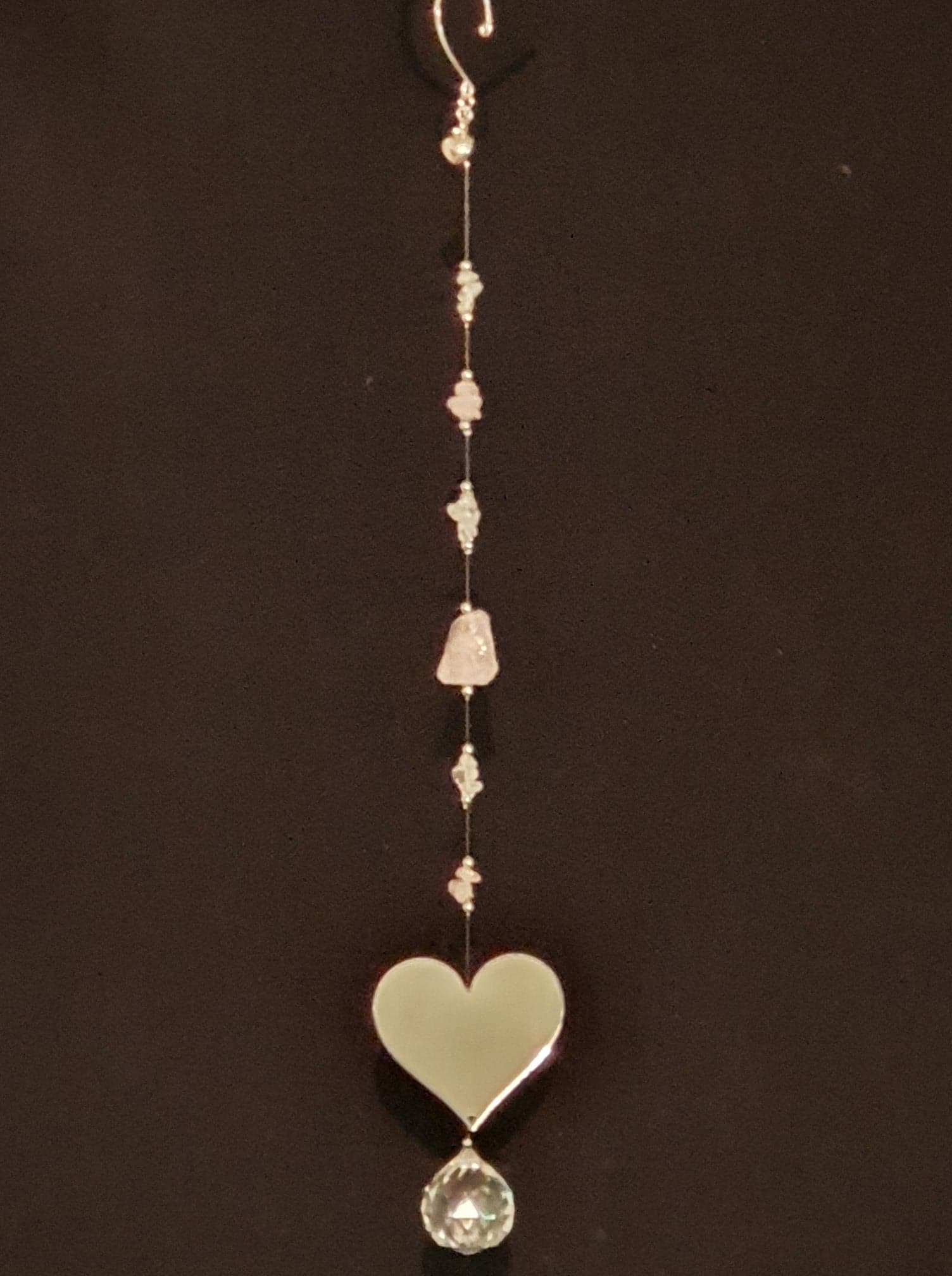 Heart Mirror with Semi-precious Rose Quartz & Clear Quartz crystals single drop suncatcher