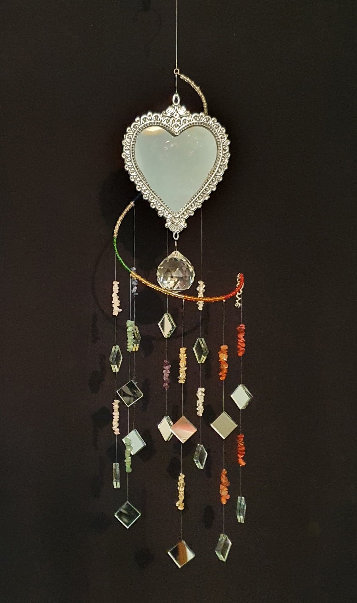 Heart Mirror, semi-precious chakra balancing crystals 'Love' charm spiral suncatcher
