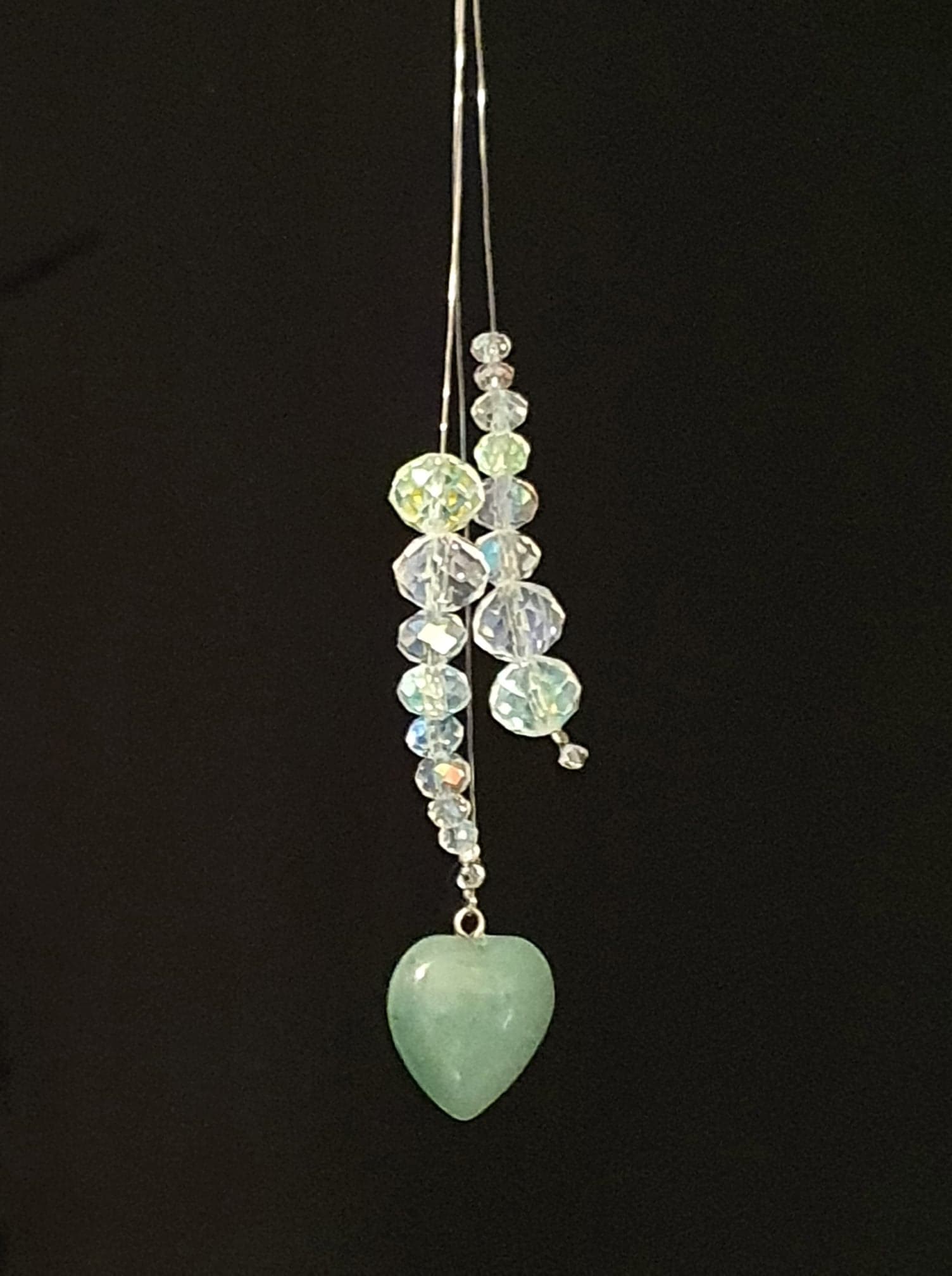 Small cluster window hanger. Green Aventurine Heart with AB glass crystals window decoration