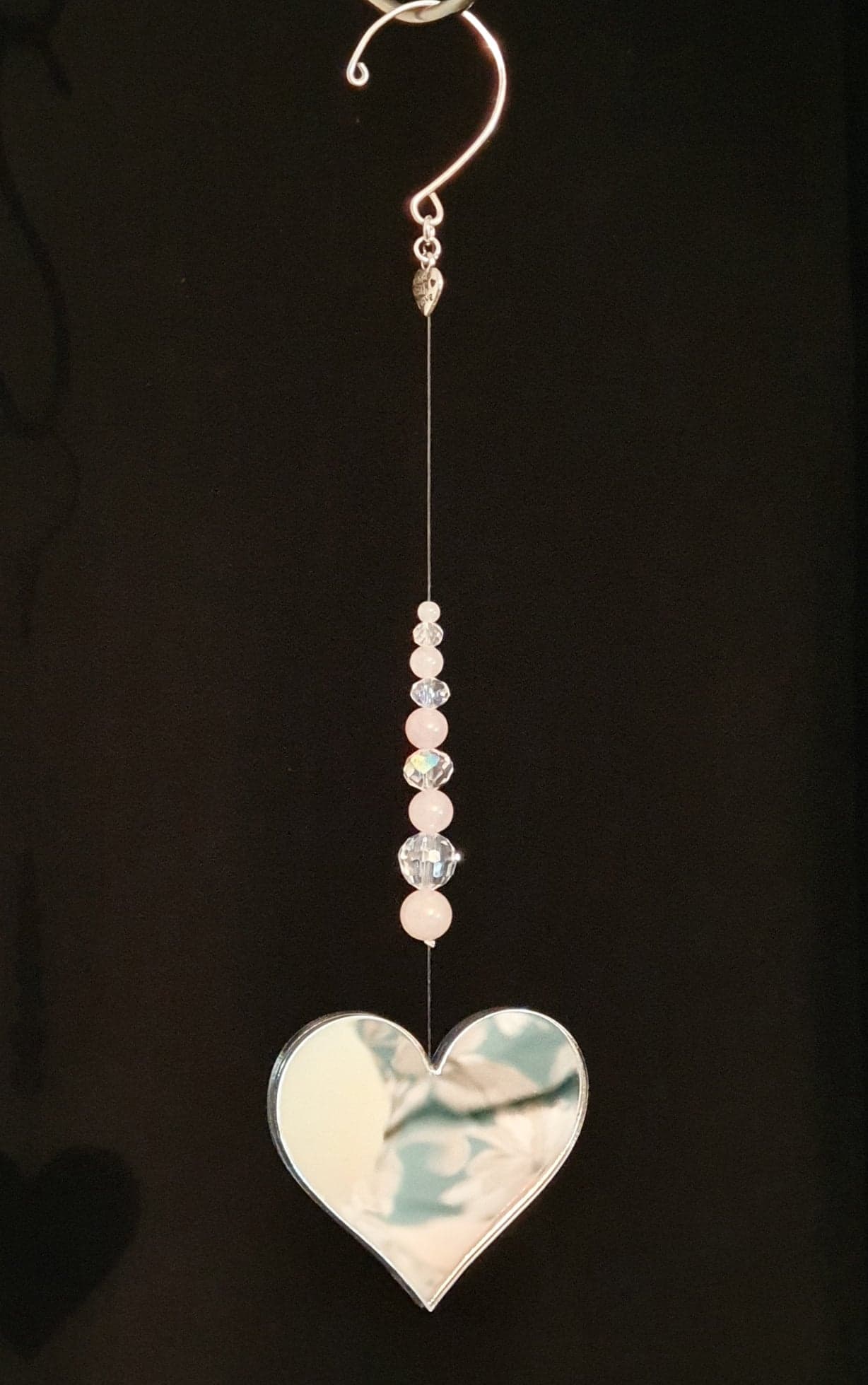 Mirror heart with Rose quartz and AB faceted crystals window decoration