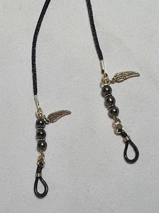Glasses chain with angel wings and semi-precious Hematite crystal beads. Black satin cord.