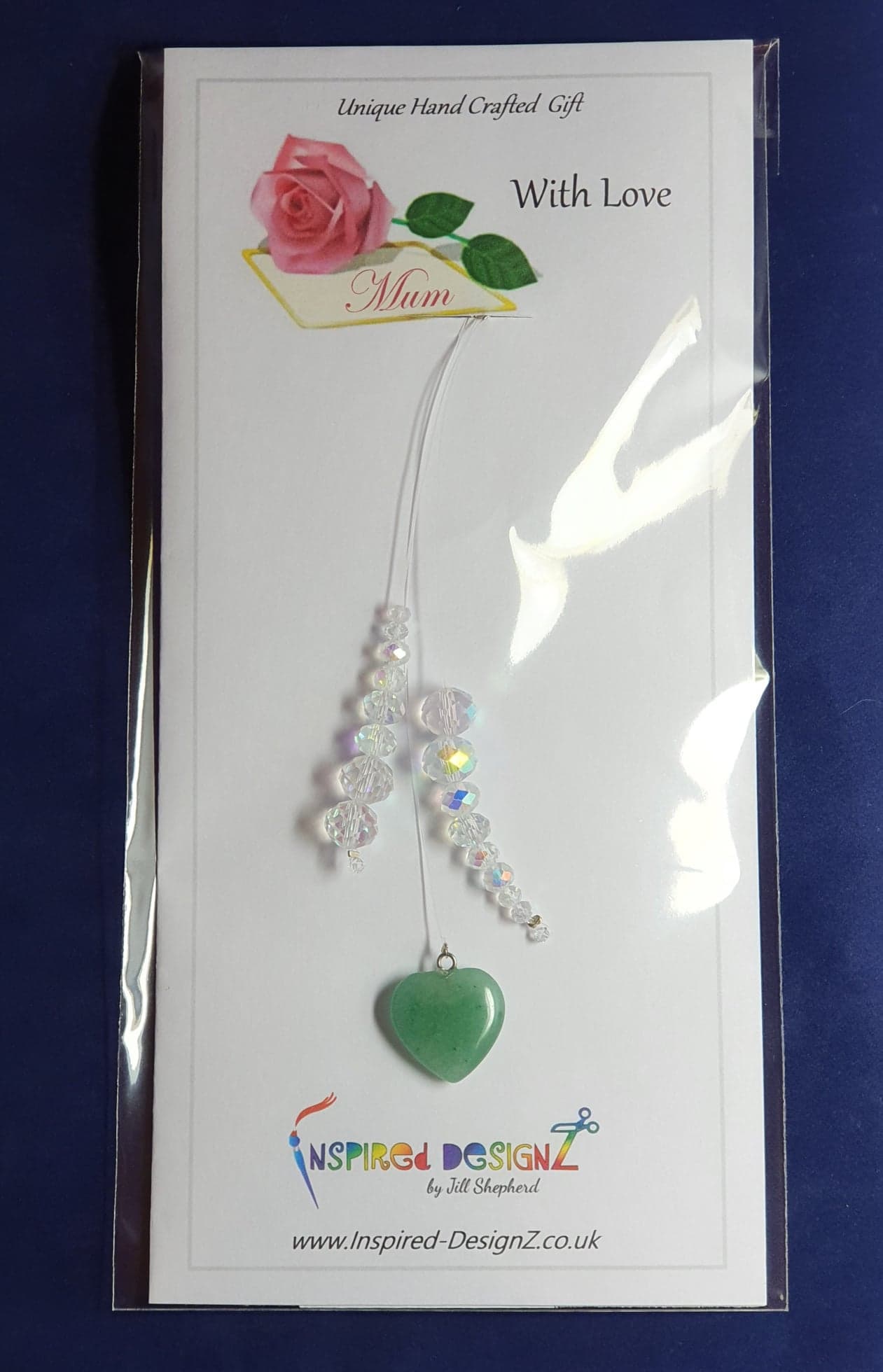 Small cluster window hanger. Green Aventurine Heart with AB glass crystals window decoration