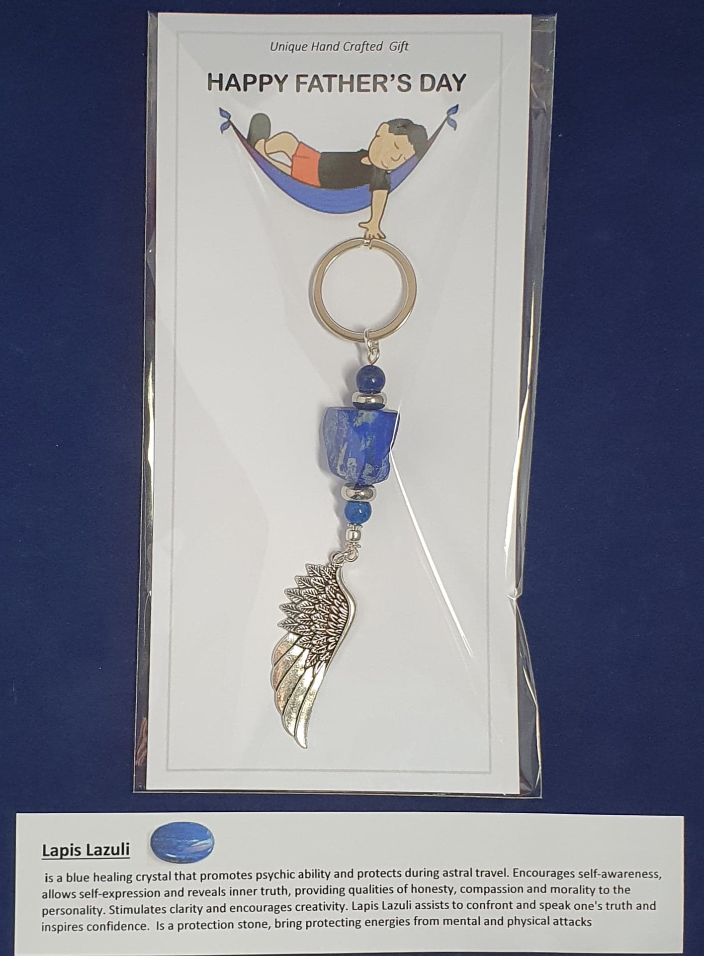 Large Angel Wing and semi-precious Lapis Lazuli crystal key ring