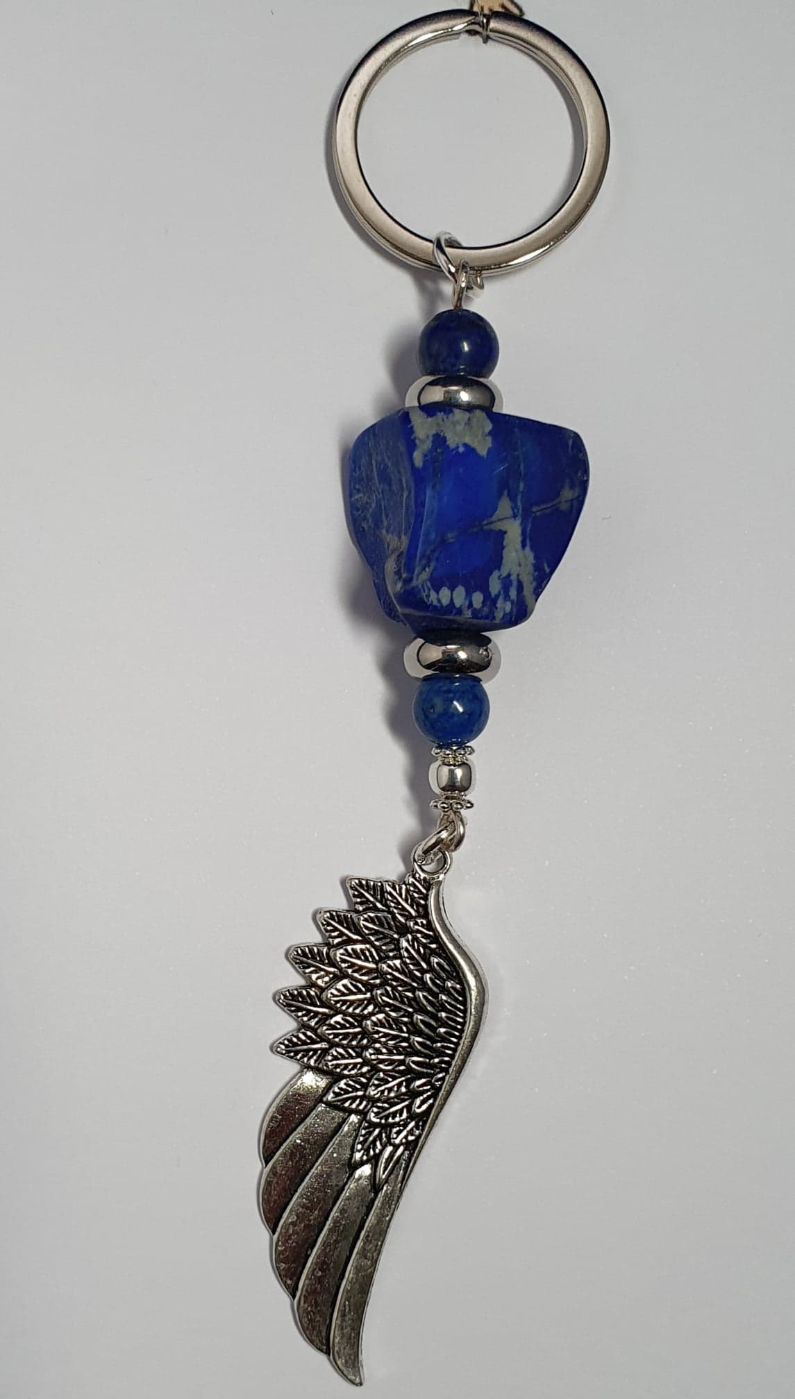 Large Angel Wing and semi-precious Lapis Lazuli crystal key ring