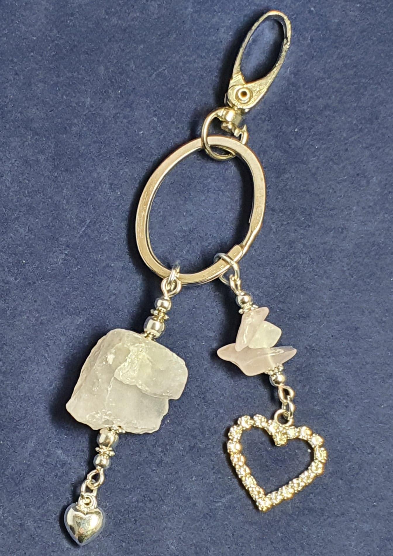 Rose Quartz nugget key ring with rhinestone heart Key ring / bag charm