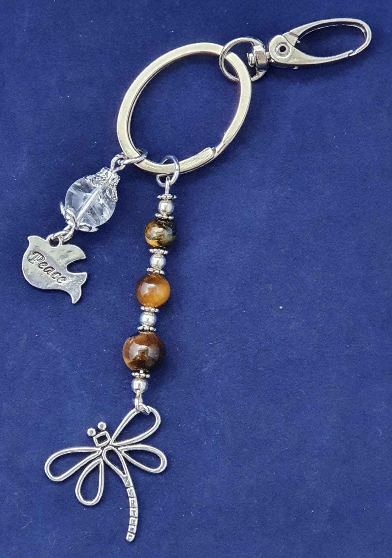 Tiger Eye & Clear Quartz Key ring / Bag charm with Dragonfly & Dove or Peace Key charms